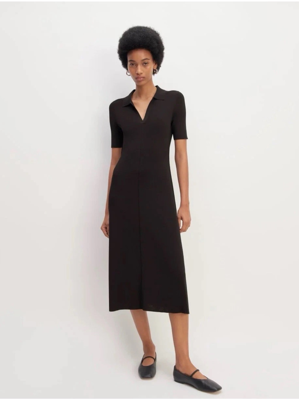 Everlane Black Knit Polo Collared V-Neck Short Sleeve Midi Dress M ($198)